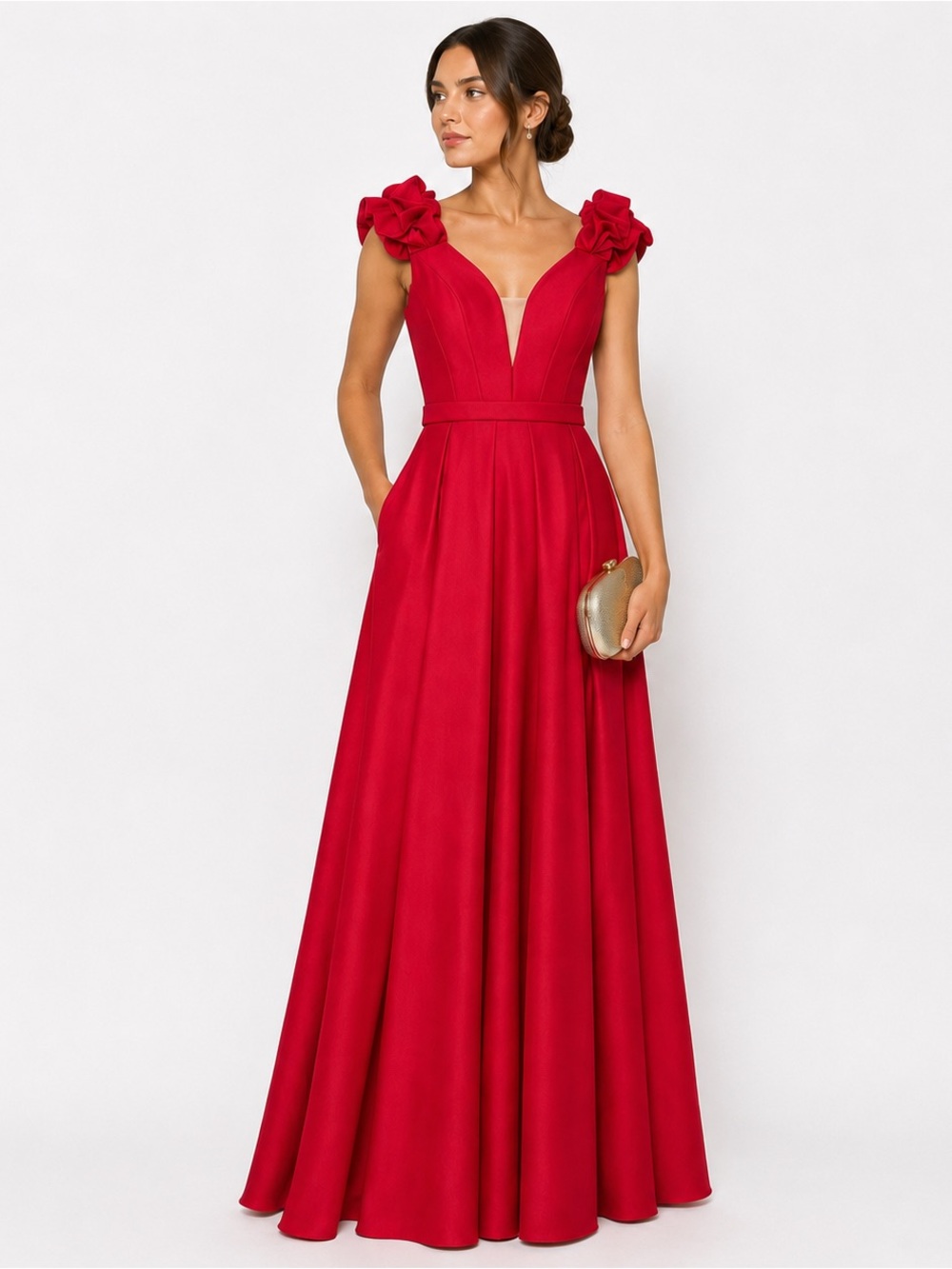 Jovani Vibrant Red Ruffled-Shoulder A-Line Maxi Dress pocket 8 formal
